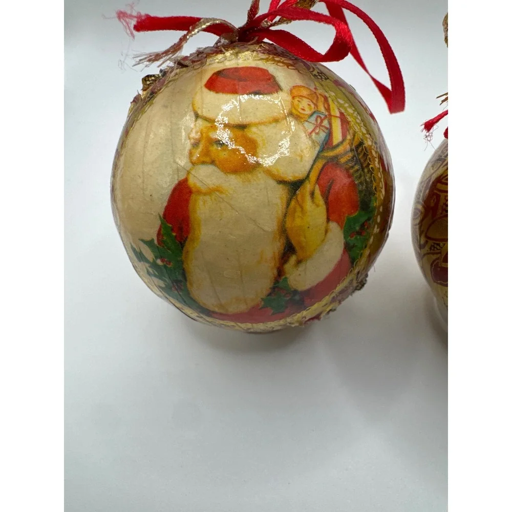 Vintage Style Decoupage Christmas Ornaments Santa and Elf Gold Foil Set of 2